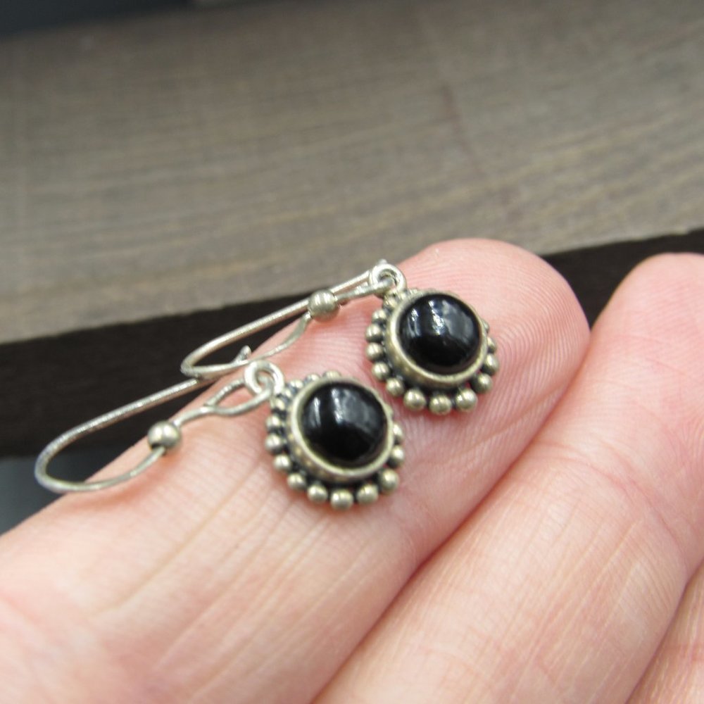 Sterling Small Black Material Rustic Earrings - image 2